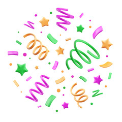3d firecracker. Party popper of squiggles, stars, confetti and tinsel. Vector isolated illustration. Circle arrangement. Birthday background, festival print. Plastic cartoon elements.