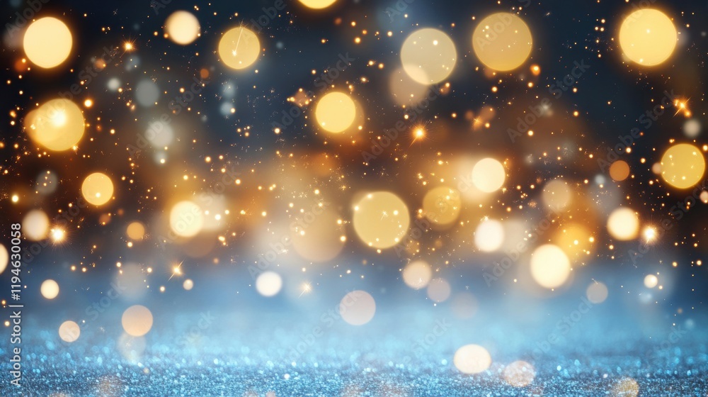 Poster swirling patterns of blue and gold bokeh lights appear gently blurred, creating an enchanting and dr