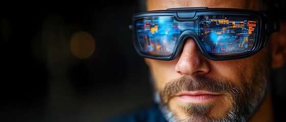 Man wearing futuristic smart glasses displaying data.