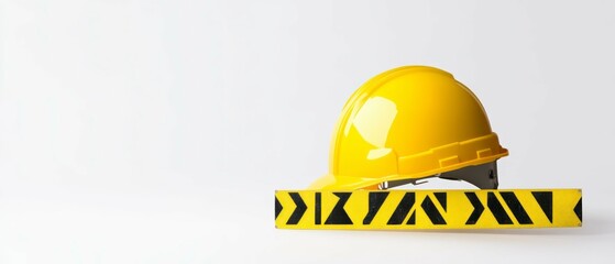 Fototapeta premium Construction Safety Gear Yellow Hard Hat and Caution Sign on White Background Industrial Environment Product Photography