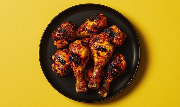 Grilled ayam percik with turmeric marinade served on a black plate against yellow backdrop