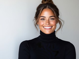 A woman in a black turtle neck top smiles at the camera