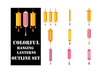 Chinese Traditional Yellow and Pink Color Hanging Long Cylindrical Lanterns - Party, Festive, Holiday and Home Decorative  Vector arts