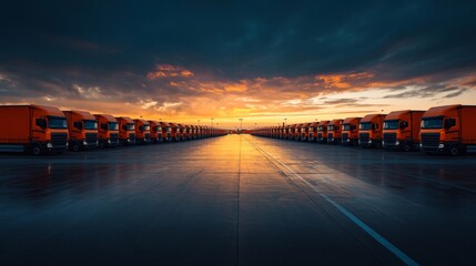 Fototapeta premium Sunset over a Fleet of Orange Semi Trucks