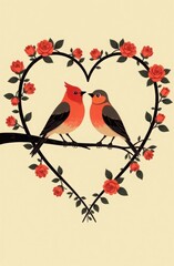 two lovebirds sitting on a heart-shaped branch surrounded by blooming roses