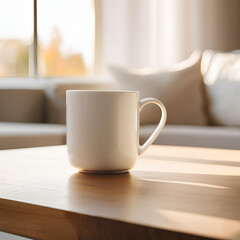 Blank white mug close up mockup on blur living room background.