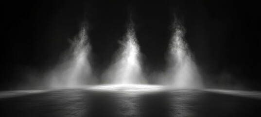Dramatic Stage Lighting: Three Spotlights Illuminate Smoky Stage