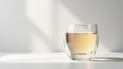 A Glass of Light Amber Liquid on a White Surface with Subtle Light Rays
