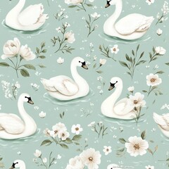 Elegant Continuous Pattern Featuring Graceful Swans on a Mint Green Background Surrounded by Floral Elements and Delicate Leaves
