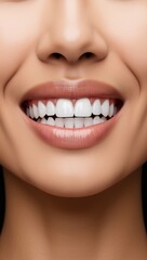 Fototapeta premium A close-up of a woman's perfect white smile with natural, glossy lips. Dental health, beauty, and confidence concept