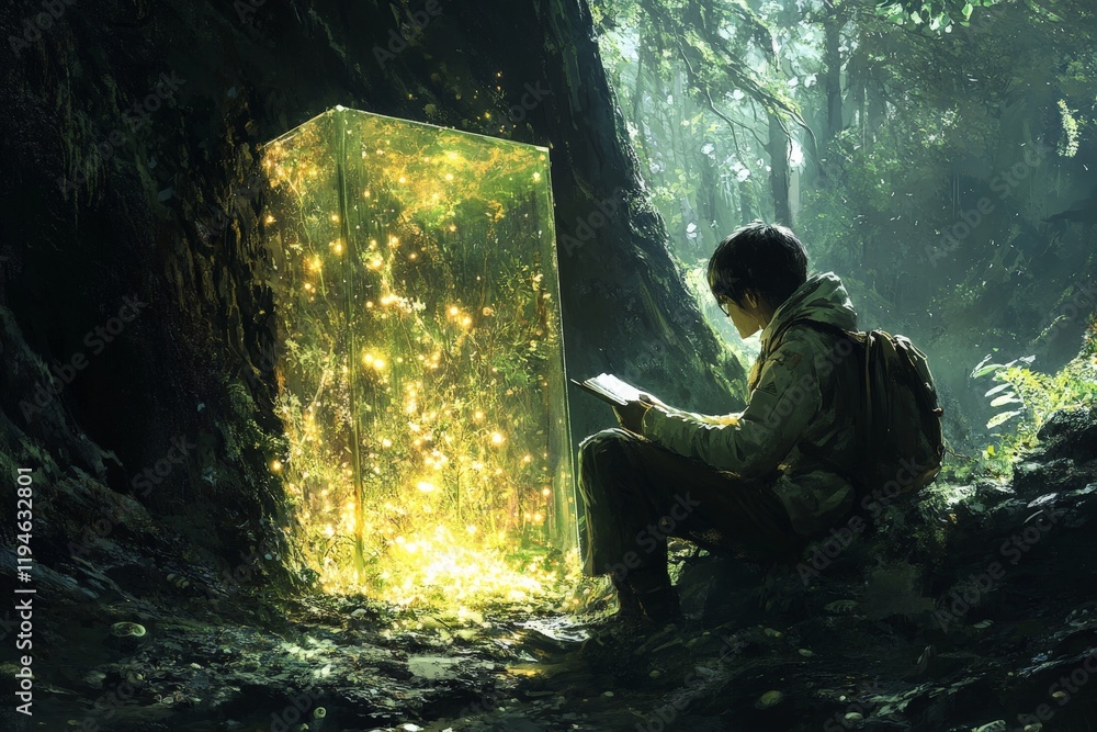 Poster a child sits before a glowing box in the enchanted forest, suggesting curiosity and discovery among 
