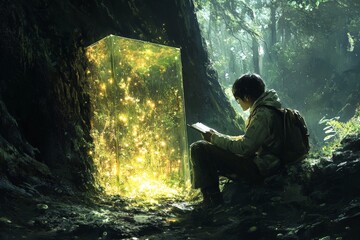 A child sits before a glowing box in the enchanted forest, suggesting curiosity and discovery among the verdant trees, with light symbolizing knowledge and wonder.