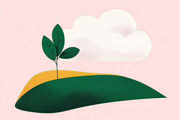 Fototapeta premium A solitary tree stands on a green hill with a soft yellow slope, accompanied by fluffy clouds in a pink sky, evoking feelings of solitude and tranquility in nature.