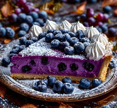 A slice of blueberry pie with whipped cream