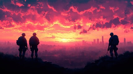 Soldiers Watching Dusk Over a City Skyline Filled with Vibrant Colors, Capturing a Moment of Reflection and Hope Amidst Urban Landscape and Natural Beauty