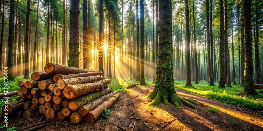 Poster Sunlit Forest Path with Stacked Logs at Dawn