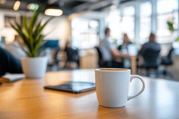 Coffee mug on desk in busy office.