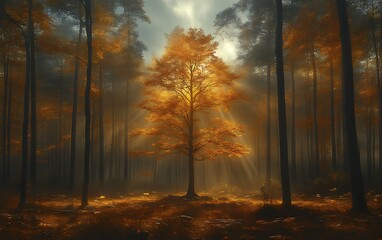Fototapeta premium Golden autumn tree in misty forest.