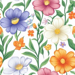 Obraz premium Vibrant Seamless Floral Pattern Featuring Colorful Flowers and Lush Greenery for Textile and Wallpaper Design