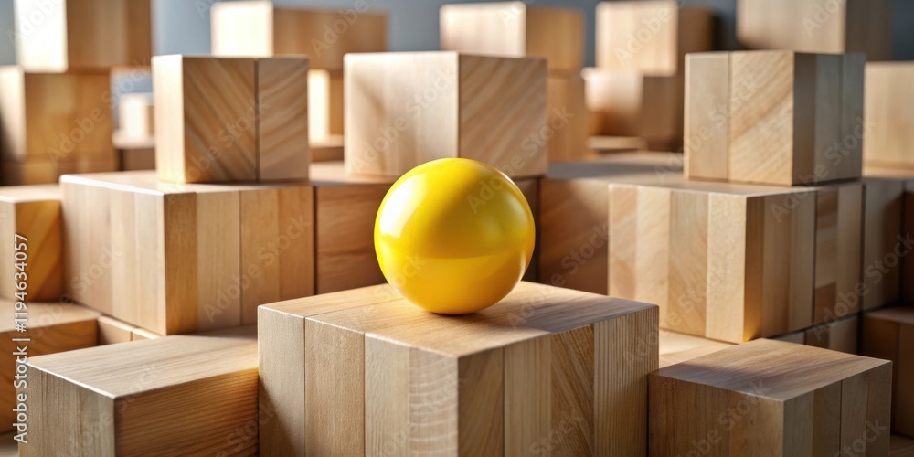 Aufkleber yellow sphere on wooden block structure abstract concept of uniqueness and standing out
