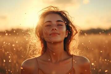 A smiling woman in a golden meadow basks in the sunset's warmth, embodying joy and tranquility while surrounded by fluttering petals and golden light.