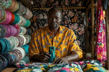 Fototapeta premium A tailor in a brightly colored workshop filled with rolls of vibrant fabric is poised at his workspace, offering a welcoming smile in a setting abundant with textile diversity.