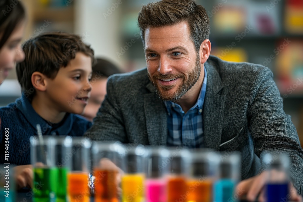 Poster a smiling teacher engages with students in a science class, surrounded by colorful test tubes, foste