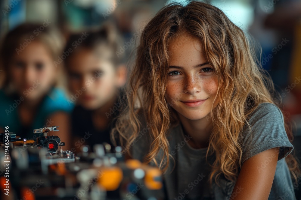 Aufkleber a young girl smiles warmly as she interacts with toy robots in the foreground, reflecting the joy an