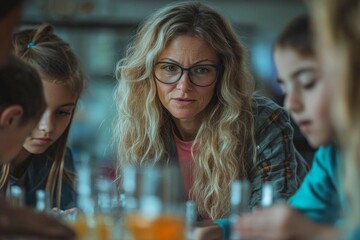 A focused teacher wearing glasses guides an energetic group of students through a science experiment, sparking interest and excitement for the subject.
