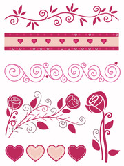 Romantic Valentine's Day Decorative Elements Collection with Hand Drawn Red Roses , Heart, floral Patterns