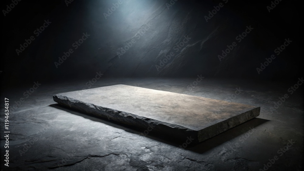 Poster Dark stone platform display, illuminated by a single light source