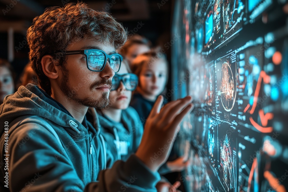 Poster A man in glasses explores an interactive data screen, conveying themes of futuristic technology, curiosity, and digital interaction for modern learning.