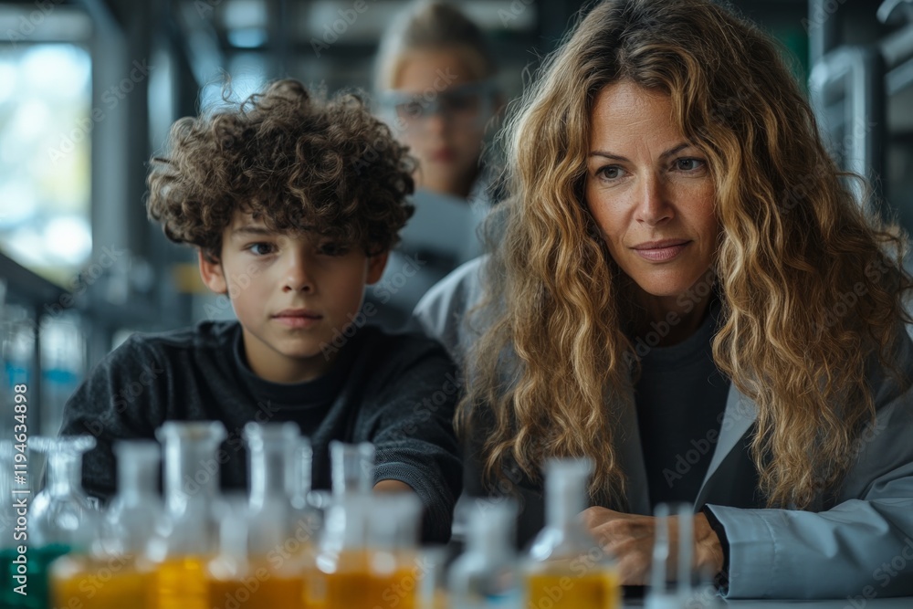 Poster a mother and her son closely observe a scientific process in a lab surrounded by glass containers, p