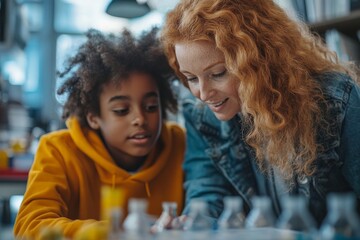 Obraz premium A teacher and student collaborate closely on a scientific project, highlighting the teaching relationship and the hands-on learning experience in an educational setting.
