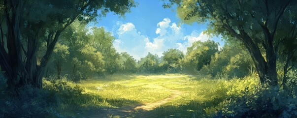 A serene view of a lush green forest with a sunlit clearing in the distance, creating a natural pathway towards an open meadow under a bright blue sky
