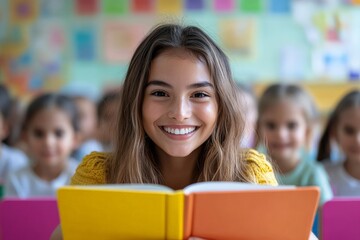 A cheerful student with long hair smiles while holding a book in a lively classroom. Her classmates are blurred in the background, suggesting enthusiasm for learning.