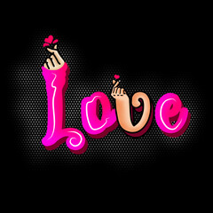 Valentine background, 3d finger illustration, love text, Hand lettering, calligraphy, halftone dots vector 
