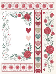 Romantic Valentine's Day Decorative Elements Collection with Hand Drawn Red Roses , Heart, floral Patterns