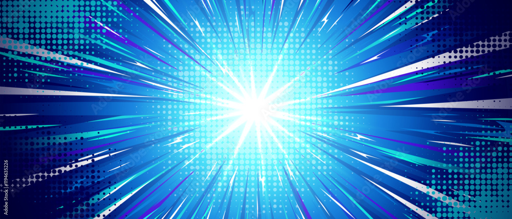 Poster anime style explosion background with bright comic burst effect - dynamic blue radial rays emanating