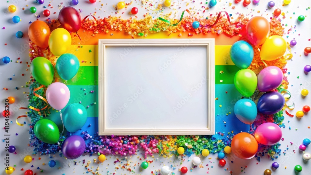 Poster brightly colored balloons and confetti surround a blank frame for your message