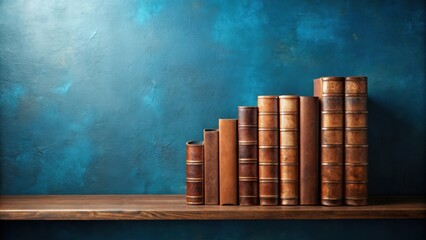 Antique Leather-Bound Books on Wooden Shelf Against Teal Wall