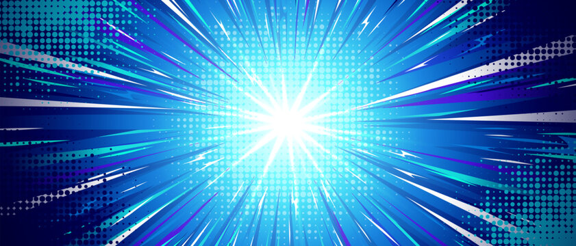 Fototapeta Anime style explosion background with bright comic burst effect - dynamic blue radial rays emanating from central light source. Halftone pattern with glowing streaks for energetic motion blast.