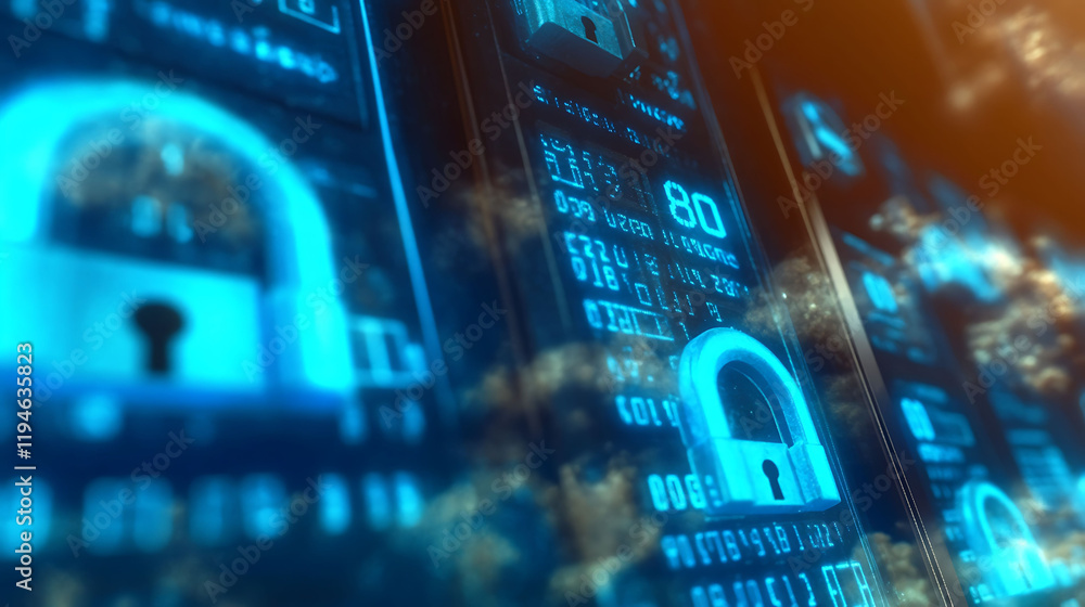 Poster cybersecurity, data protection, digital security concept. abstract futuristic glowing blue padlock i