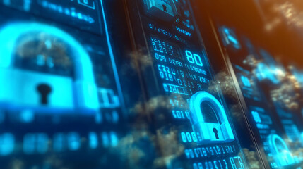 Cybersecurity, data protection, digital security concept.  Abstract futuristic glowing blue padlock icons on a digital screen with data streams. Ideal for tech, internet, and network security themes.