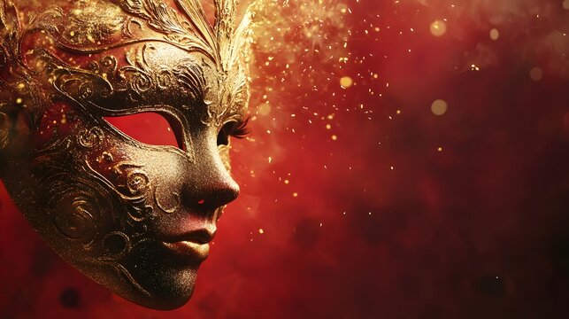 Ornate Golden Mask Against Red Background