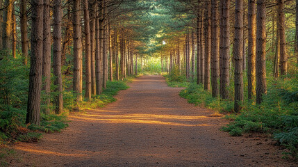 Obraz premium Serene forest pathway illuminated by golden sunlight in early morning hours