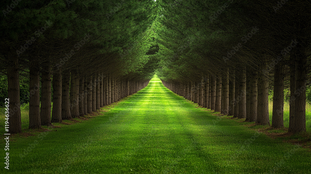 Aufkleber lush green path lined with tall trees creating a serene atmosphere in nature