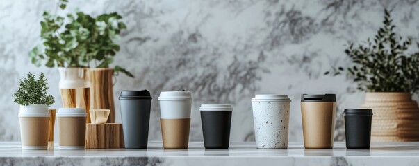 A set of travel mug mockups with customizable prints, arranged on a marble counter, 4k photo.