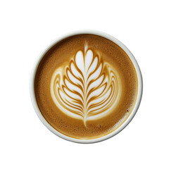 Creating stunning latte art in a cozy , minimalist coffee cup design, top view perspective on transparent background