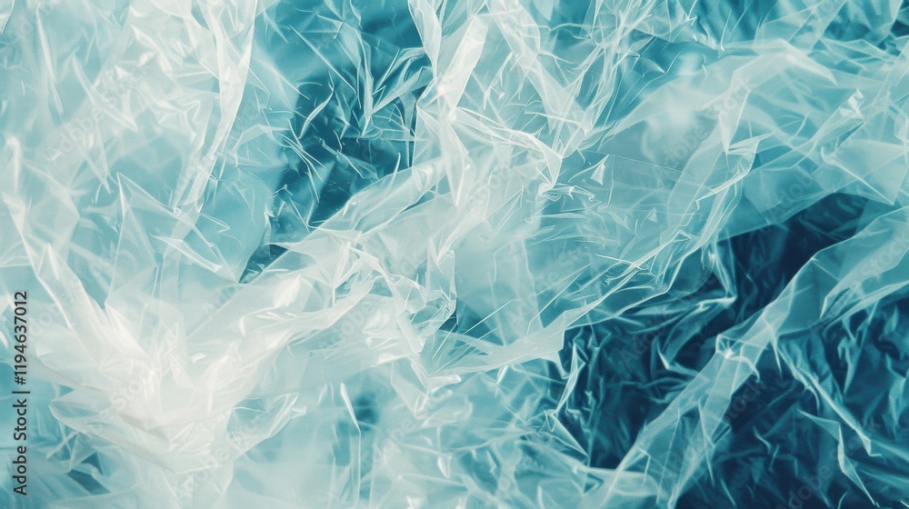Poster crumpled transparent plastic forms a captivating pattern, showcasing soft blue tones that create dep